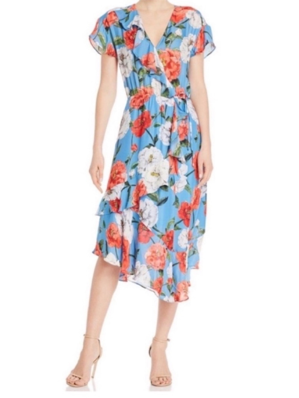 Parker Reina Midi Dress Sz XS Silk Ruffle Assymetrical Floral Print Event Party